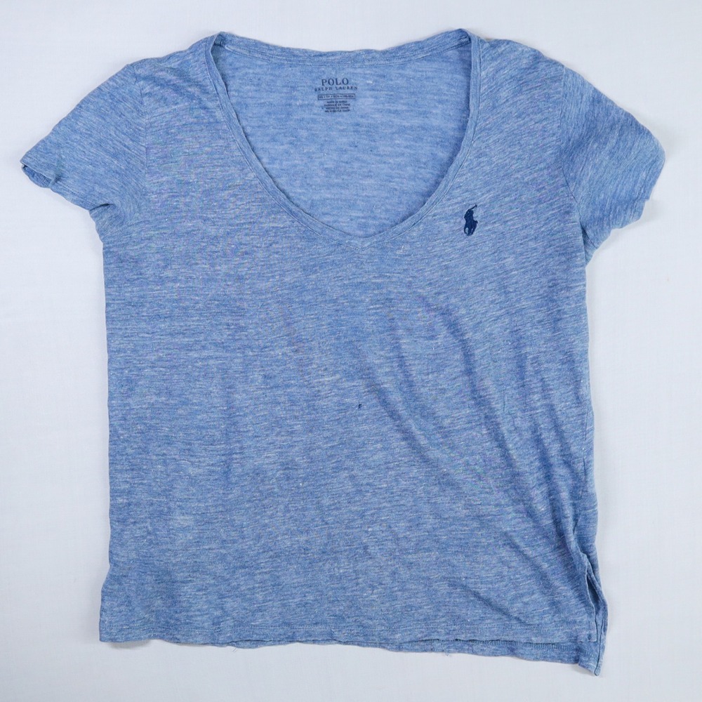 Polo Ralph Lauren T-Shirt Women XS Blue Linen V-Neck Short Sleeve Pony Logo READ